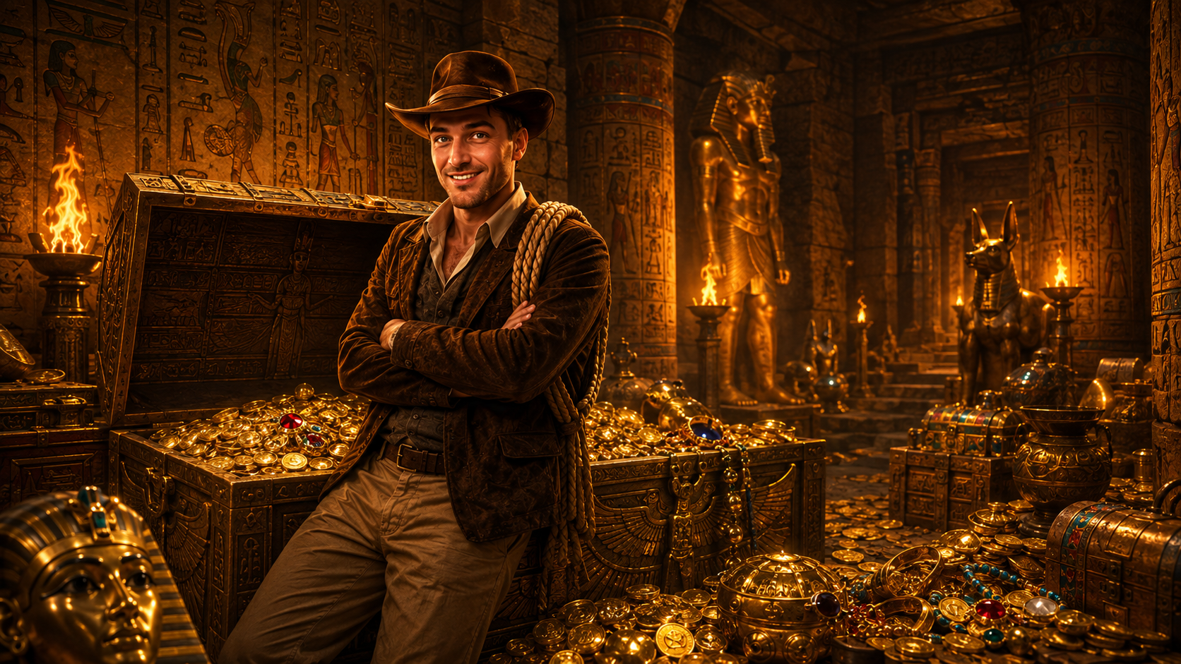 Explorer beside an open chest of golden treasure